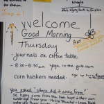 Morning welcome board with daily notes